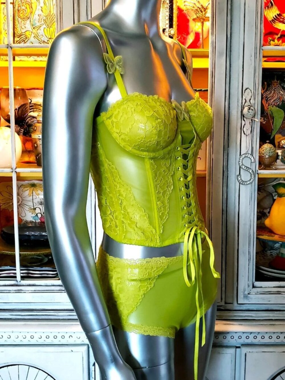 Betsey Johnson Corset Dress Top Panties Lingerie Set Green Lace Mesh Butterfly S - Picture 7 of 16
